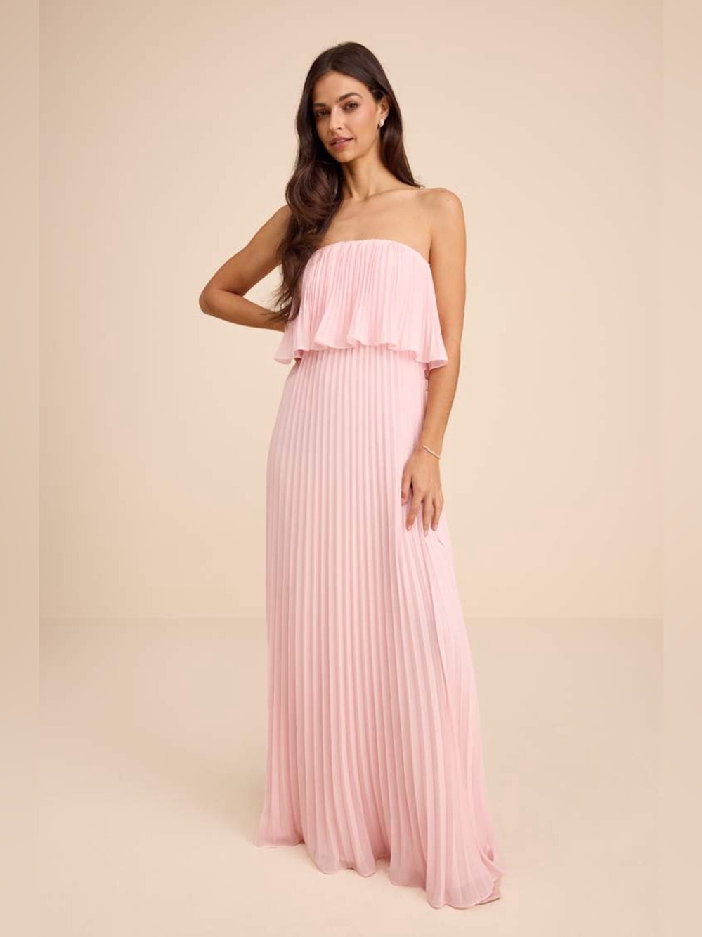 Lulus Arietta Light Pink Pleated Strapless Maxi Dress size Large